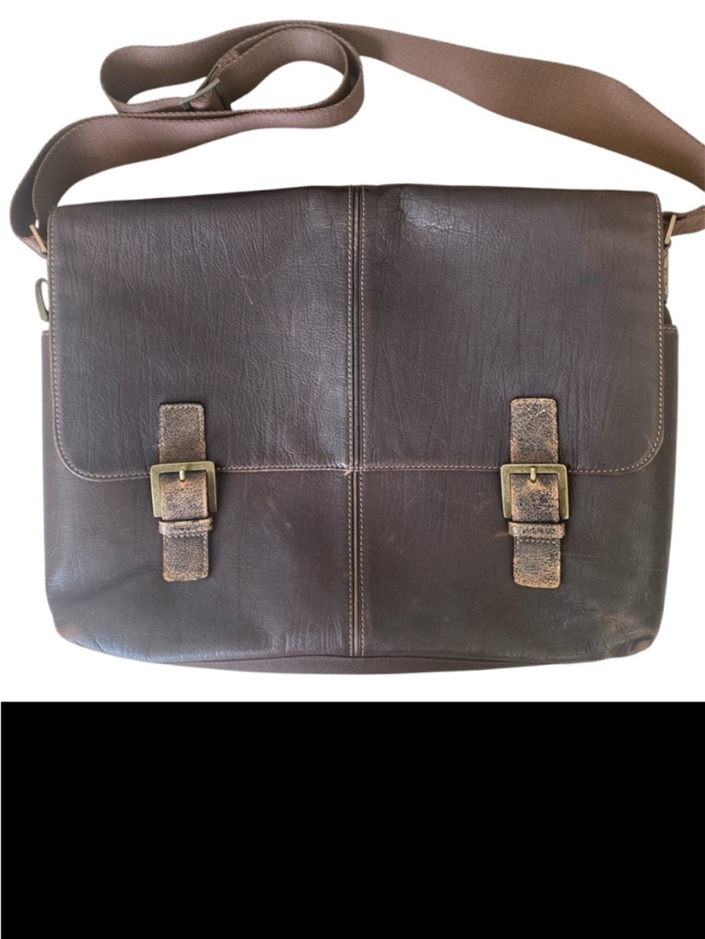 Boconi Bryant Brown Leather Double Buckle Messenger Bag , Travel, Distressed